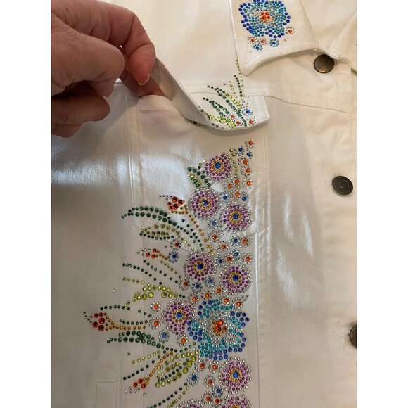 Las Olas White Denim Jacket Large Floral Rhinestone Embellished - Picture 6 of 11